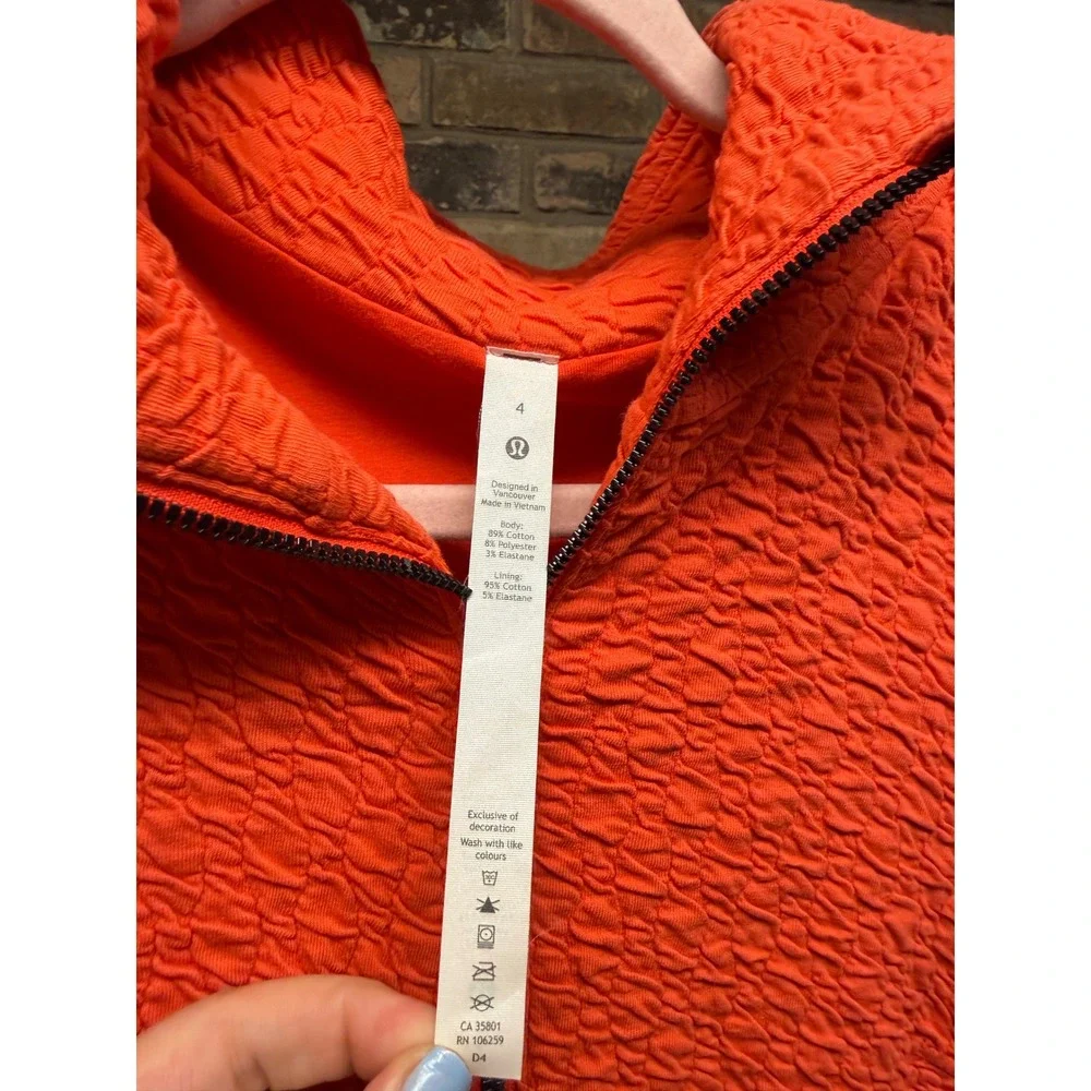 Lululemon Textured Mesh Full Zip Jacket Orange Popcorn Funnel Neck Size 4
